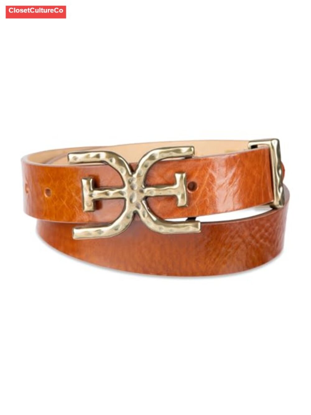 Women's Hammered Double-E Logo Buckle Leather Belt for Jeans Dresses Trousers